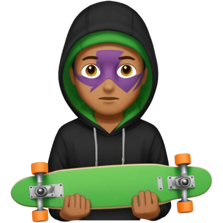 Un hombre sorteando con camisa negra y tabla verde y encapuchado emoji