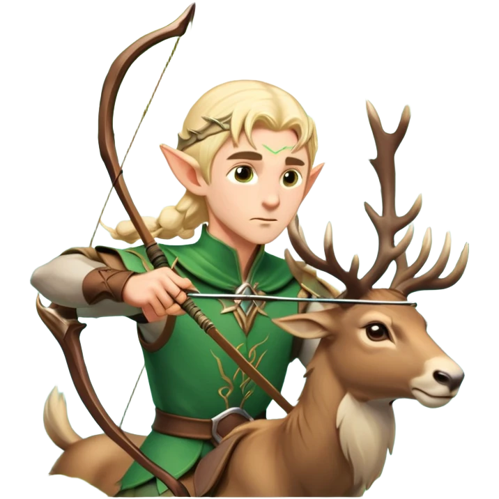 clash-of-clans-aesthetic-blond-male elf-archer-portrait-emoji, rendered in a flat, vector-style with minimal shading and bold holding his bow, simplified shapes, head tilted slightly forward with a determined, focused expression, riding a majestic stag whose antlers glow with mystical energy, set against an ancient, enchanted forest backdrop. emoji