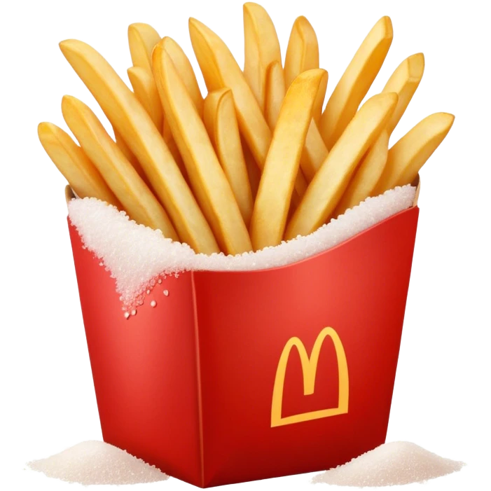 Cinematic crispy golden French fries, piled high, sprinkled with salt, served in a red carton, warm and inviting, rich golden hues, perfectly crunchy and delicious. emoji