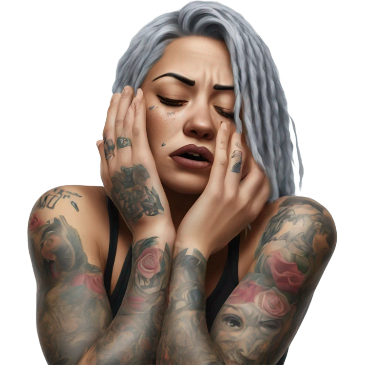 Hyper Realistic Beautiful tattooed woman crying pulling her boyfriends hand  emoji