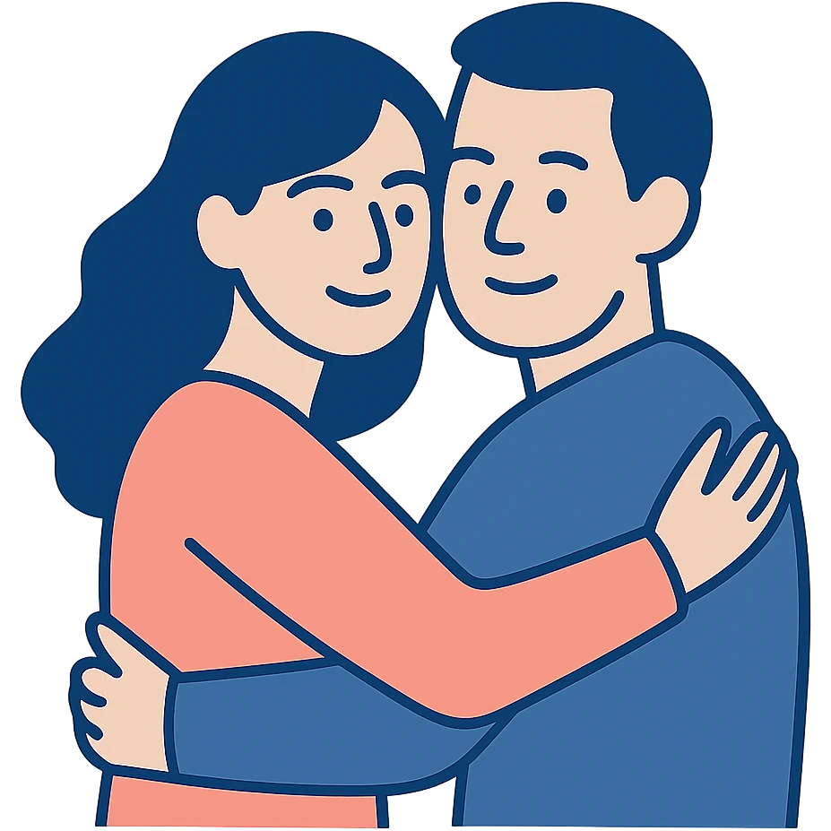 a beautiful brunette hugging a man, modern flat illustration, clean lines, minimal details, no background emoji