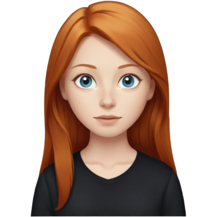 Ginger head woman with long hair and lightblue eyes, straight nose, almond eyes, black shirt,  emoji