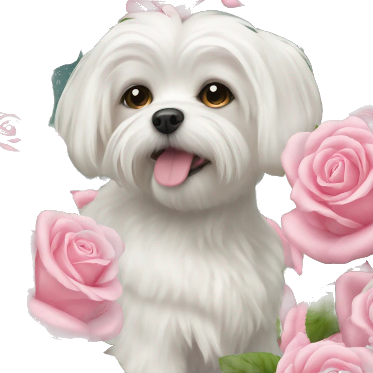  white maltese dog and pink roses  emoji