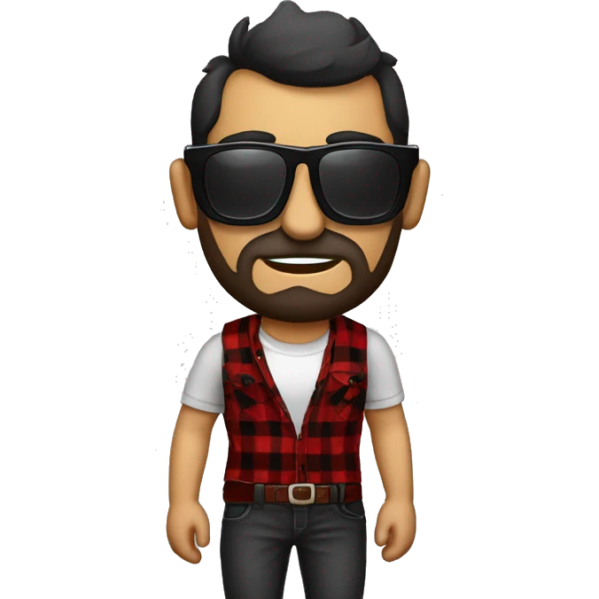 Señor calvo con gafas de sol oscuras rock y camisa cuadros roja y negra emoji