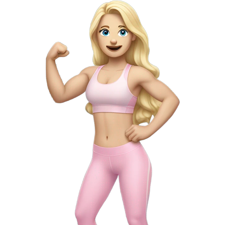 Woman, white skin, pale skin, long hair, blonde hair, blue eyes, wavy hair, baby pink sports bra, baby pink leggings, flexing one arm up emoji