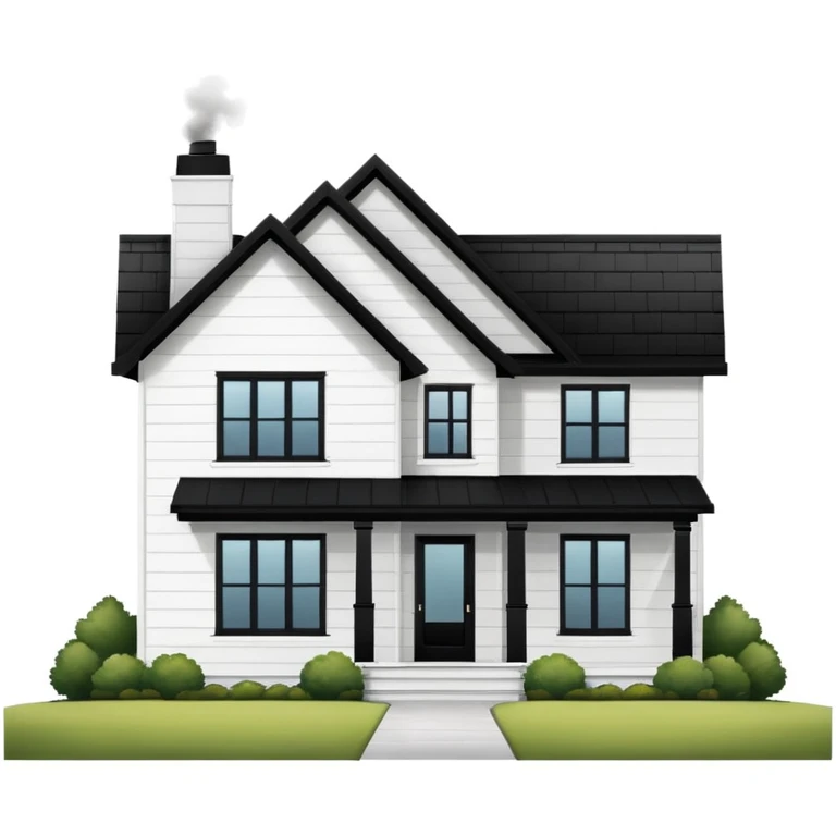 modern farmhouse with white siding, black roof and black trim, exterior view emoji