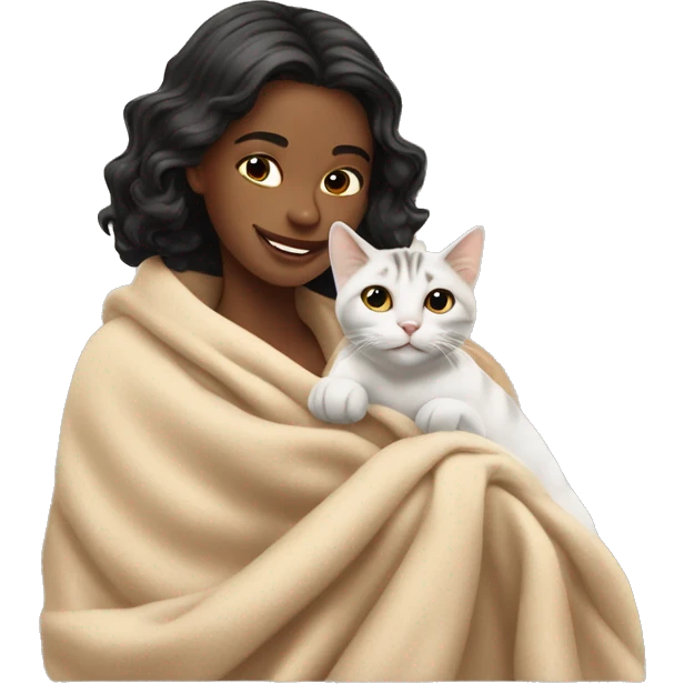 pretty woman petting cat in beige blanket emoji