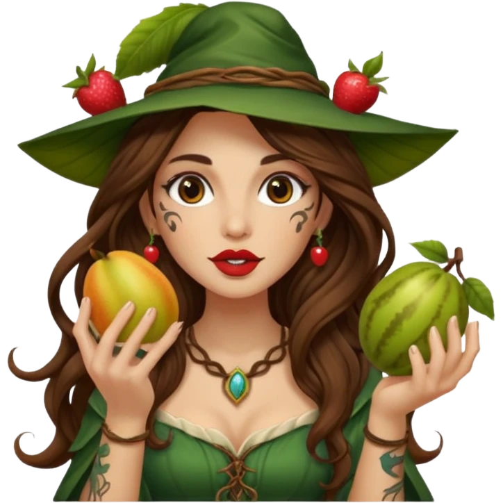forest mage woman long wavy brown hair tattoos holding fruit near lips emoji