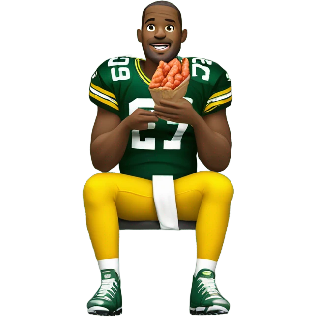 Green Bay Packer football player eating crawfish while sitting on a Christmas tree emoji