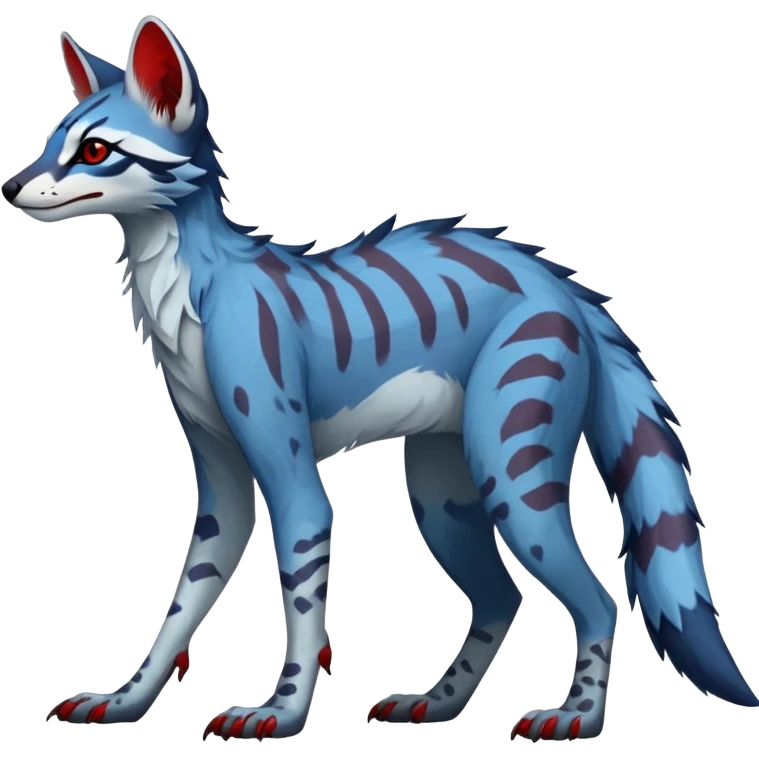 Feral Rare Fantasy blue Vernid-Sergal-Genet-species by LiLaiRa, random markings, tufted ears, full body, 4 legs, darker ears, darker legs, red markings, white belly emoji