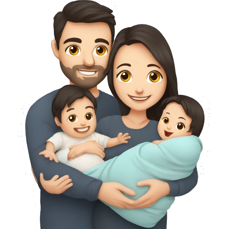 Happy white parents with dark hair with 1 newborn baby. Young parents and newborn son in hands. Mother, father holding infant together with love. Parenthood concept. Flat illustration isolated on white background. emoji
