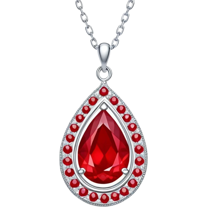 enchanted ruby talisman, teardrop shape, glowing with life force, encircled by white stones on a floating silver chain emoji