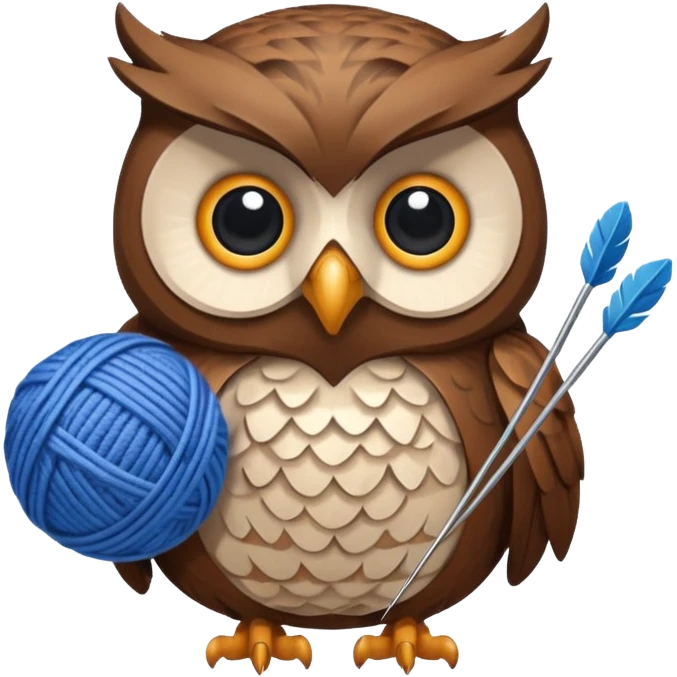 Owl holding blue yarn ball and knitting needles emoji