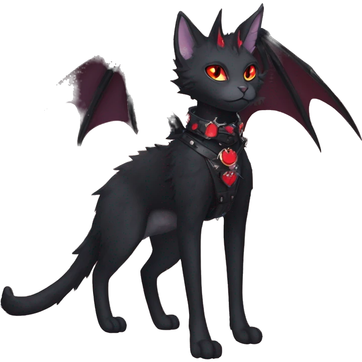 cool edgy elegant beautiful black punk red ethereal fantasy emo pretty nargacuga-bat-cat-Fakemon collar harness full body emoji