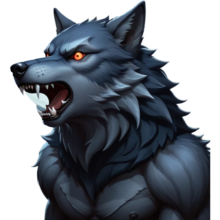 cinematic-noble-fierce-werewolf-howling-portrait-emoji, poised-and-imposing, with a fierce wolfish face tilted upwards in a haunting howl, glowing eyes full of primal ferocity, sharp, and a rugged snout, fur rippling in shades of midnight black and silver, muscles tensed as the powerful howl echoes beneath the moonlit sky; rendered with realism, capturing the raw, untamed power of the beast in its wild, primal state emoji