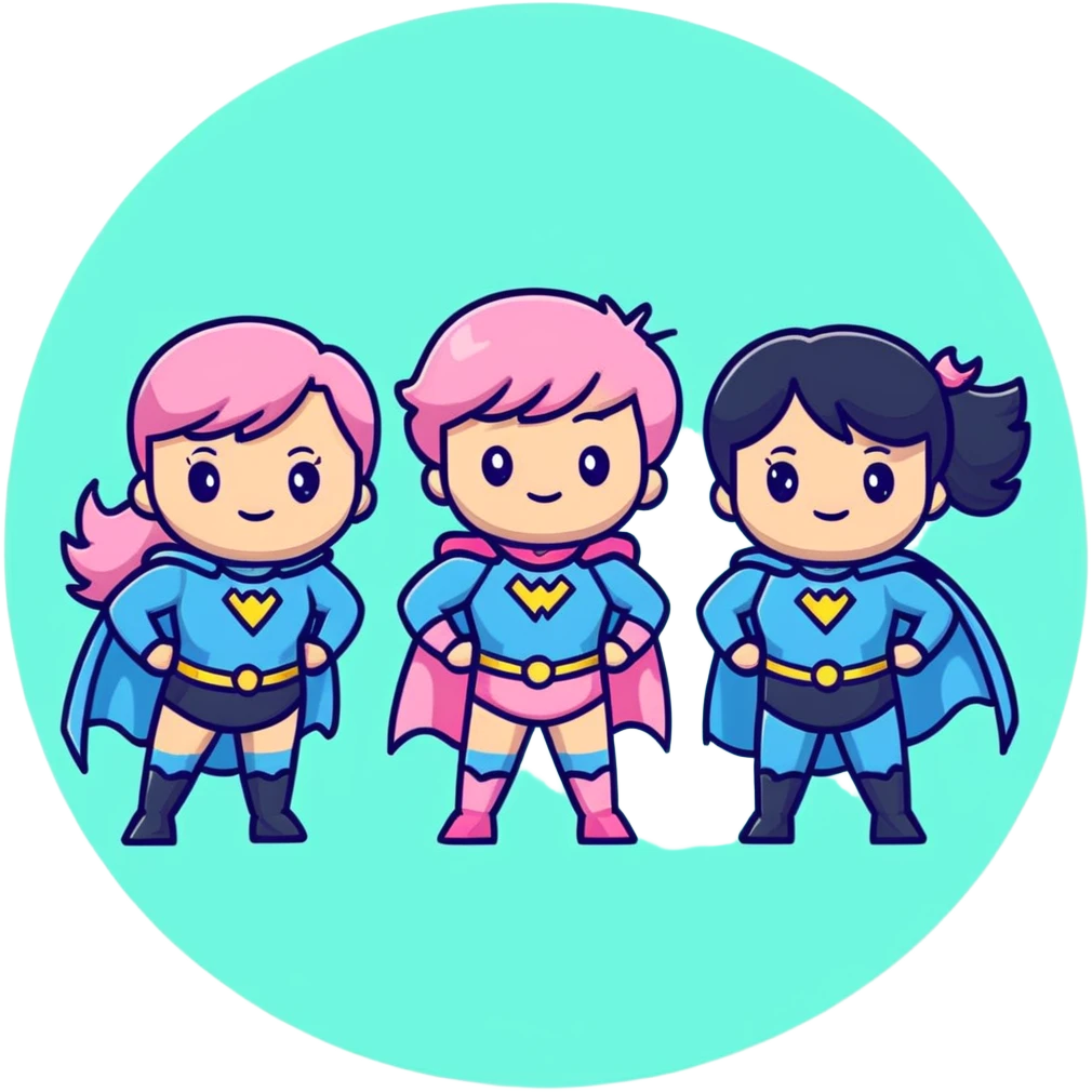 three cute superhero girls with powers - one in light blue costume, one in pink costume, and one in light green costume emoji