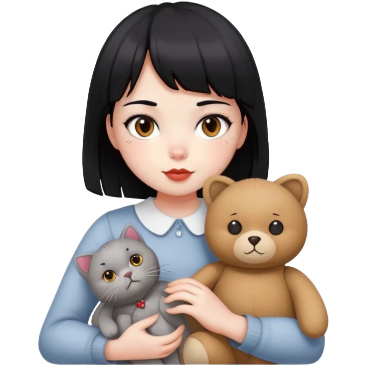 girl,drak eyes, red cheeks, black hair with a bang, white face, holding a British gray cat and a brown teddy bear emoji