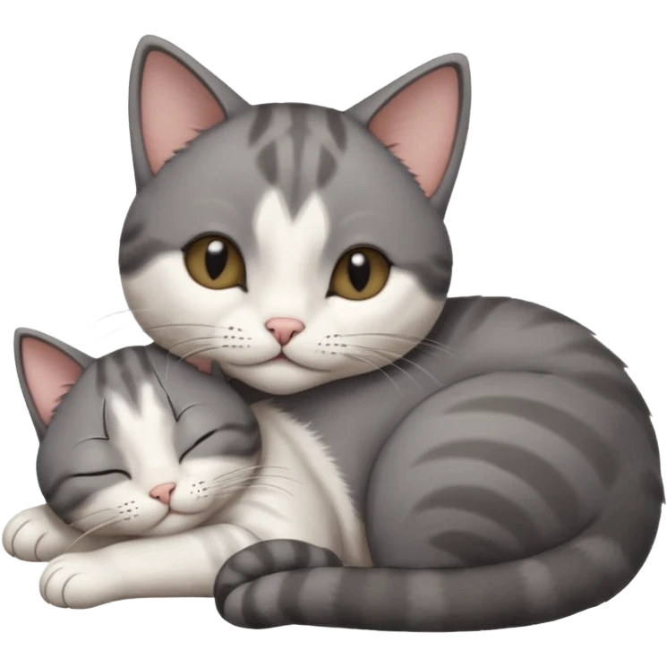 dark grey and white small cat with his eyes closed lying down leaning on its elbow with its paw curled under its head holding it up emoji