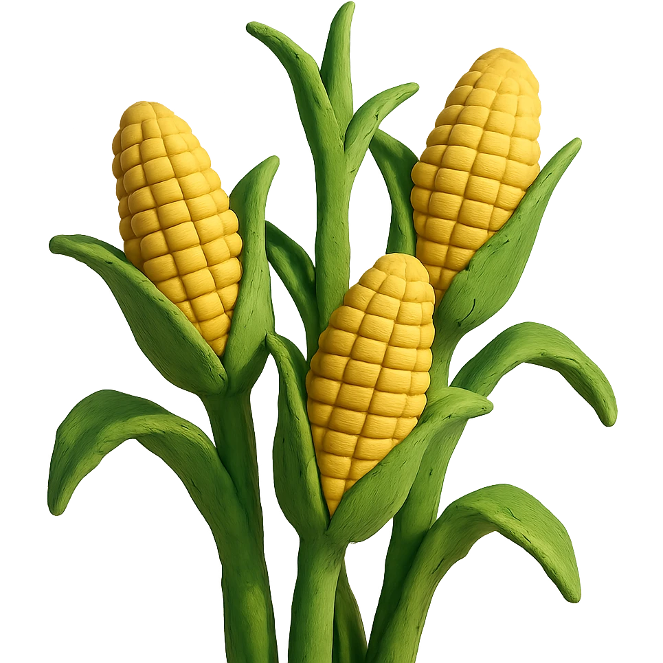 close-up of corn stalks with ears of corn, gentle sunlight, pastel background, claymation style emoji