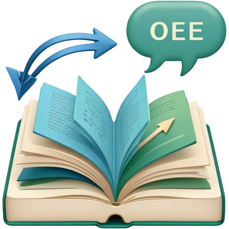 Create an emoji representing language translation. The design should feature an open book or a document with text in multiple languages (e.g., English, Spanish, Chinese), and a translation icon (such as an arrow between two languages) to symbolize the process of converting text. Include elements like a globe or a speech bubble to represent global communication. Use clear, simple lines and a color palette with blues, greens, and subtle neutral tones to convey the idea of clarity and understanding. Make the background transparent. emoji