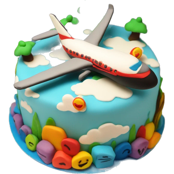 a colorful fondant cake with airplane  emoji
