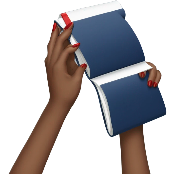 a female hand with a red manicure holds a dark blue notepad emoji