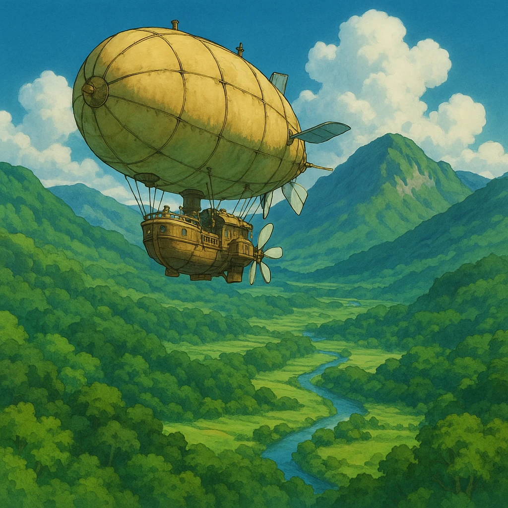 flying airship over a lush green valley emoji