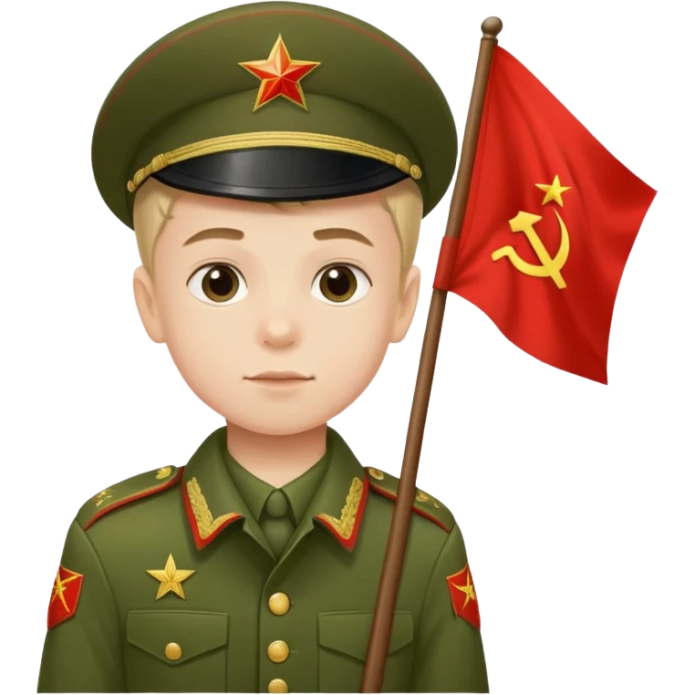 military boy in Soviet green uniform holding a red flag with "9 мая" emoji