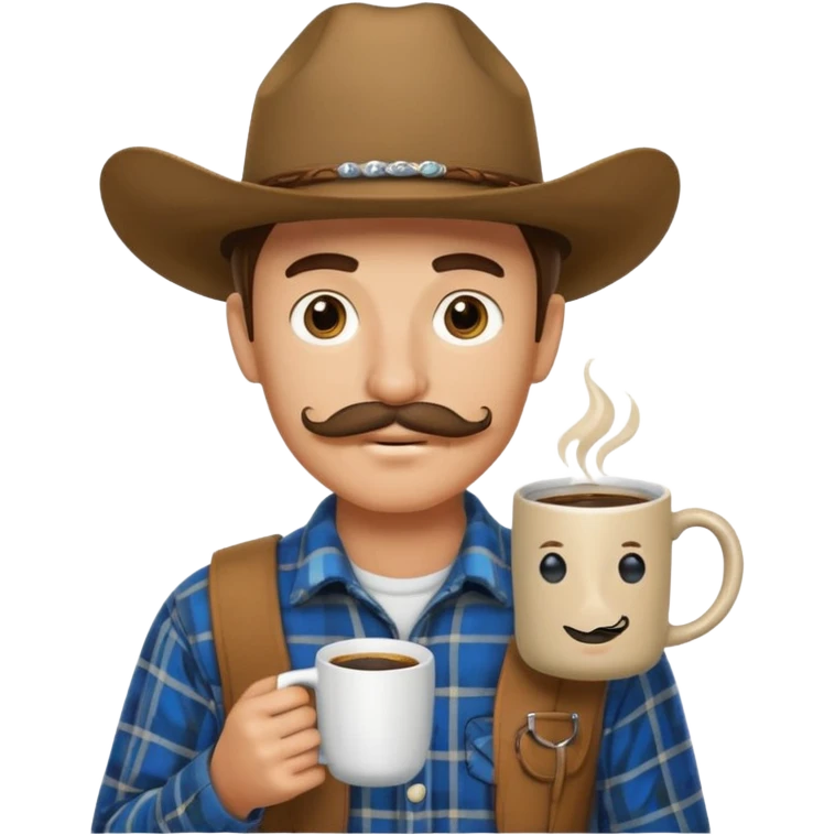 generate an ios genmoji of a 20 year old tan boy with a cowboy hat and horseshoe mustche. Wearing a flannel and carrying a coffee mug emoji