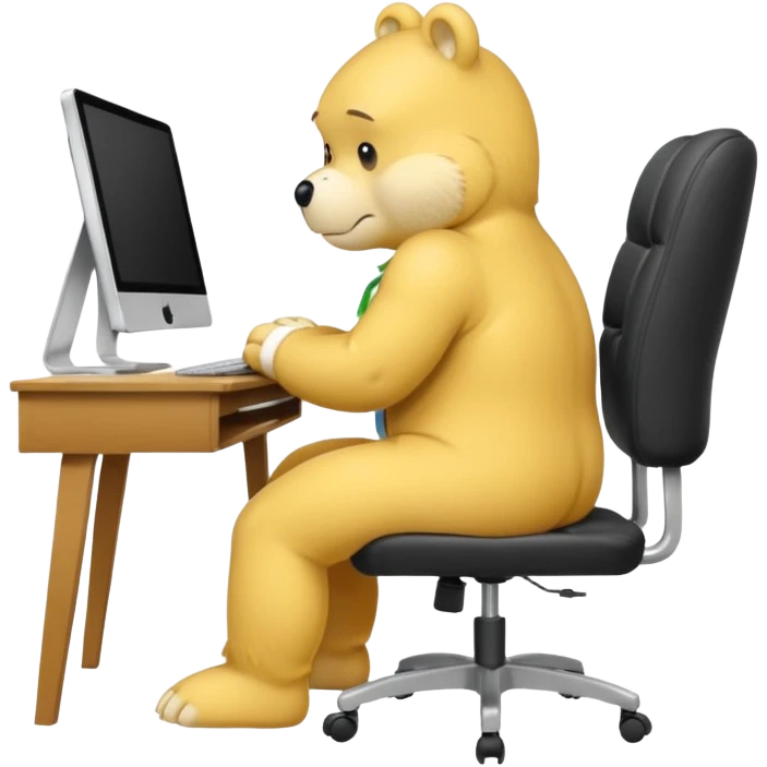 Yellow Care bear sad in suit back view, sit on a chair, working on a computer, with a big desk emoji
