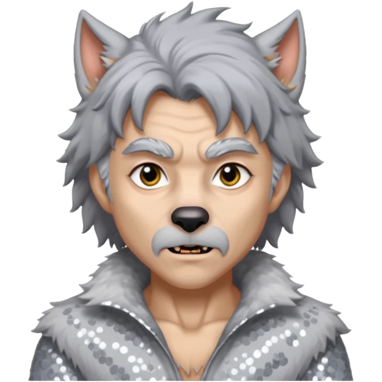 The Werewolf with grey hair and fur, white sequin outfit emoji