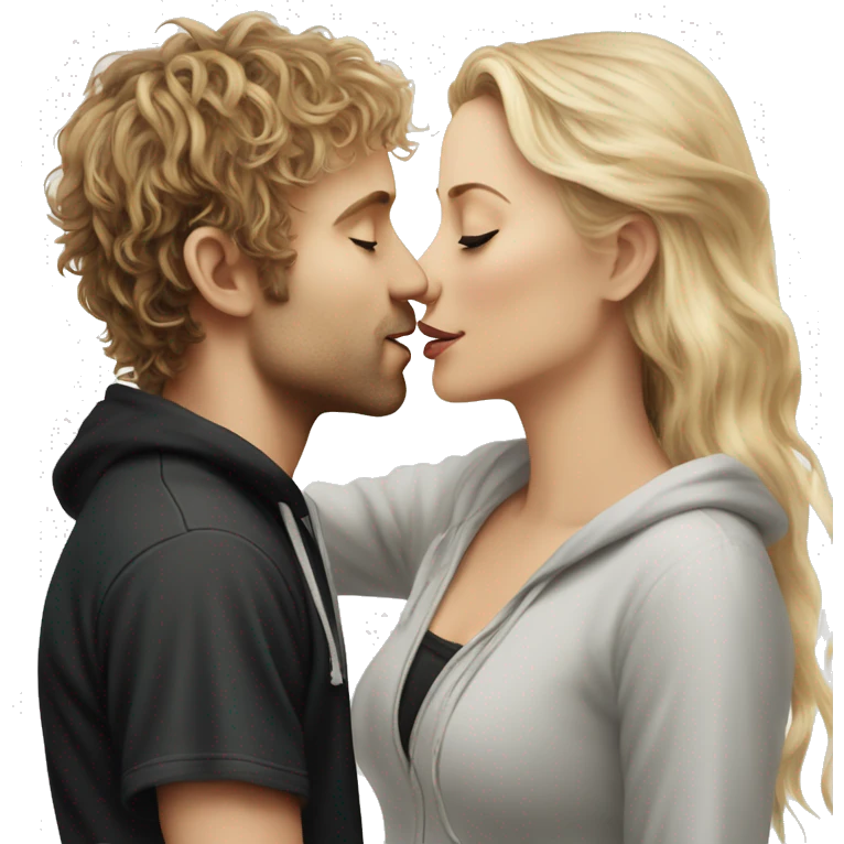 Pippin-hobbit wearing hoodie passionately kissing pretty blonde woman with black top emoji