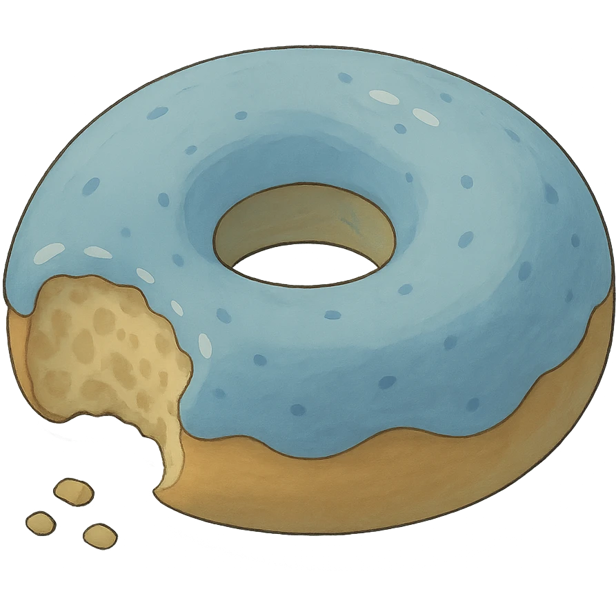 A bitten donut in Ghibli style, detailed, with soft blue colors, no background. emoji
