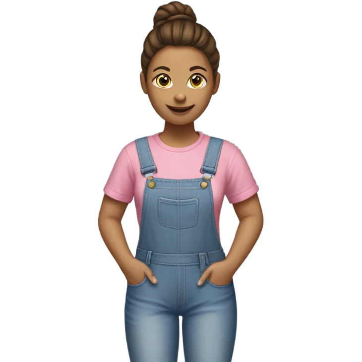A white woman with brown hair in pony tail wearing white headband, pink t shirt and overalls  emoji