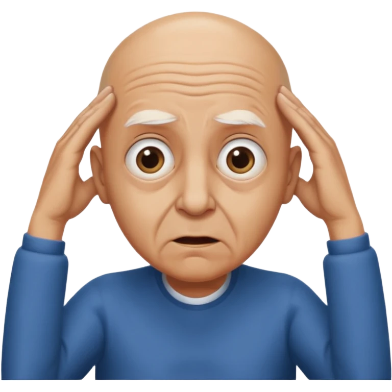 A bald person who’s very old is staring, he’s inside a toilet and his head is upright and looking at the camera with very wide eyes and his hands are putting pressure on his head, very scared expression and he’s twerking emoji