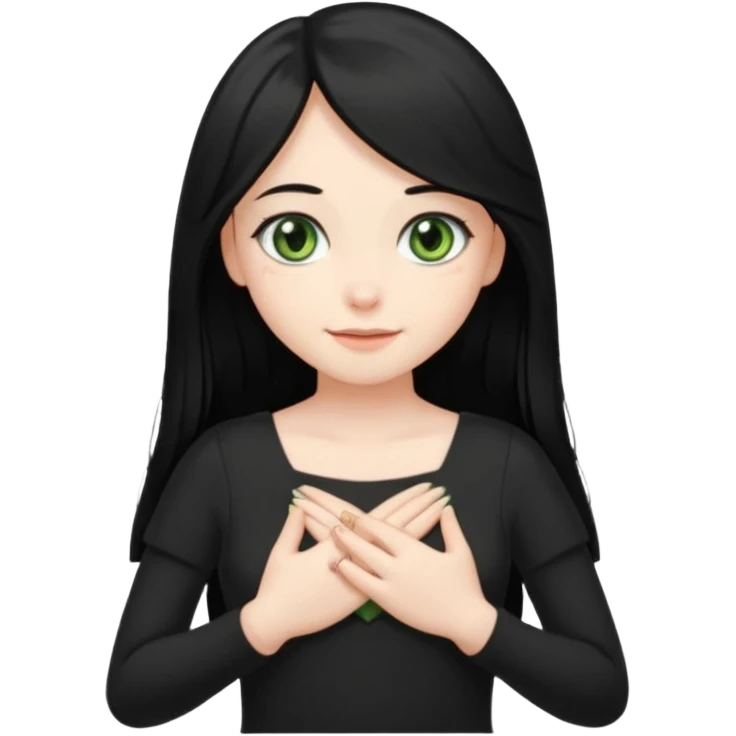 Pale girl with long black hair and olive green eyes soft smile wearing black dress and holding hands over her chest emoji