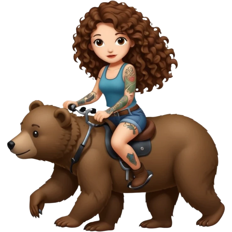 cute woman long curly brown hair tattoos riding bear emoji
