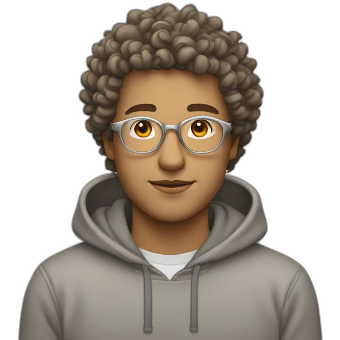 white guy with curly hair and a fade in light brown color and rounded silver glasses with a grey hoodie on emoji