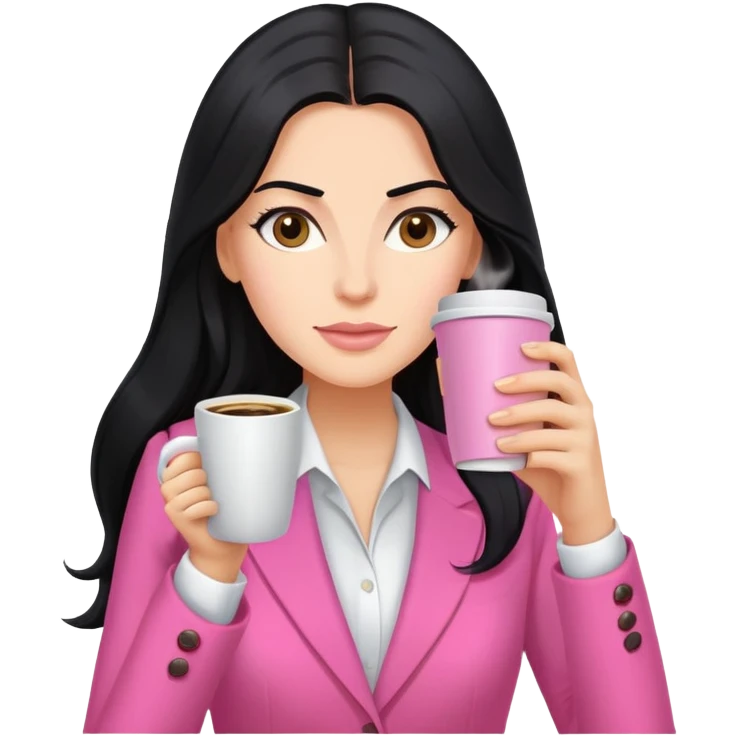 business dressing pink clothes woman  caucasian with a long black hair drinking coffee emoji