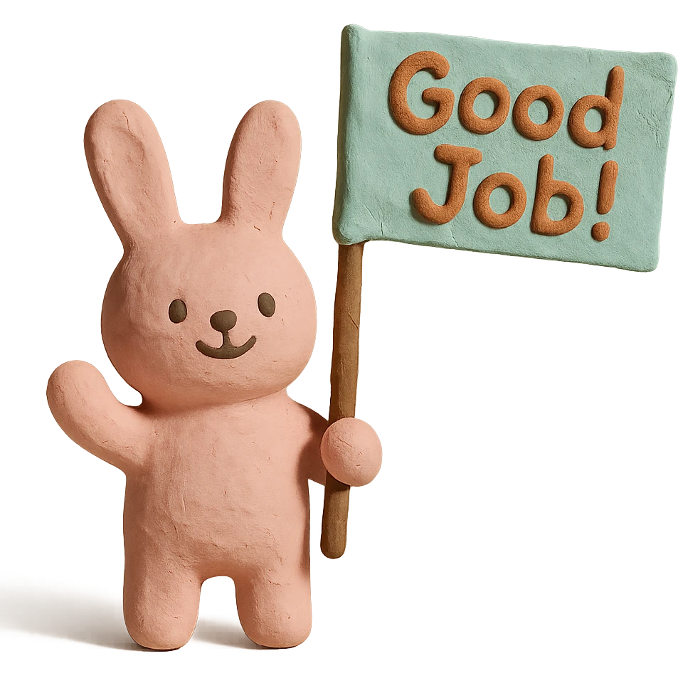 baby pink bunny waving a "Good Job!" flag, claymation style emoji