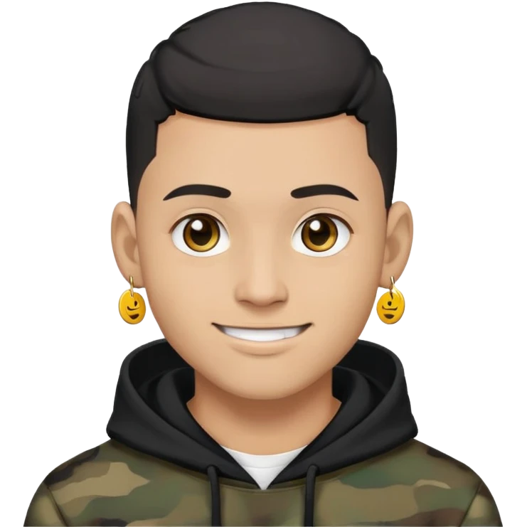 man with black military haircut, brown eyes, wearing 2 circle earrings and a black hoodie with a smiley face emoji