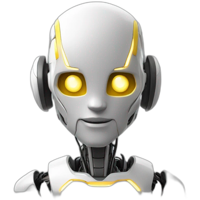 Un robot humanoide con pelo blanco y luzes en su cabeza,ojos de pantalla y de color amarillo emoji