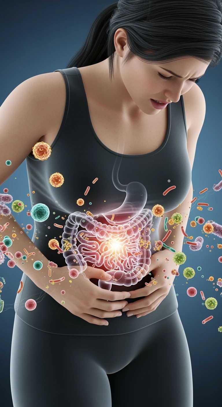 DONNA CON MAL DI PANCIA E INTESTINO UMANO ANATOMICO VISIBILE, BATTERI INTESTINALI FLUTTUANO INTORNO, IPERREALISTICO 4K emoji