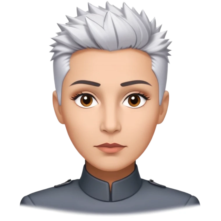 Marian Pabón with elegant facial features, light rosy complexion, expressive made-up eyes, medium well-defined lips, sophisticated pronounced cheekbones, short spiky silver hair styled like a men's cut emoji