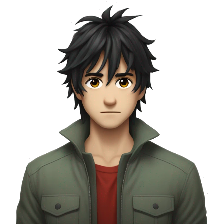 A man with messy black hair, long bangs covering his red right eye, and a gray-green left eye. His neutral expression, with a slight frown, gives off a serious, mysterious vibe. Full-body anime style, 8k realism LOVE hes white btw emoji