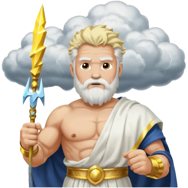 portrait of Zeus, muscular old man with white beard and hair, wearing white toga with gold trim, holding lightning bolt, standing on storm clouds emoji