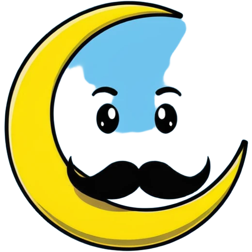 yellow crescent moon with a fancy handlebar mustache and cute smiling face emoji