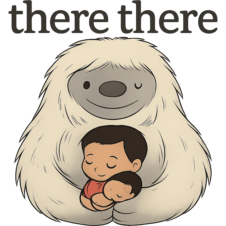 Compress the image to ensure the file size is smaller than 1MB, keep the background transparent, and preserve the 'there there' text through the head of the Abominable Snowman hugging the much smaller kid. emoji