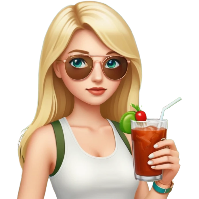 girl with long blond hair
with blue eyes
and aviator sunglasses
wearing white tank top 
holding bloody mary
wearing (rose gold apple watch with forest green band) emoji