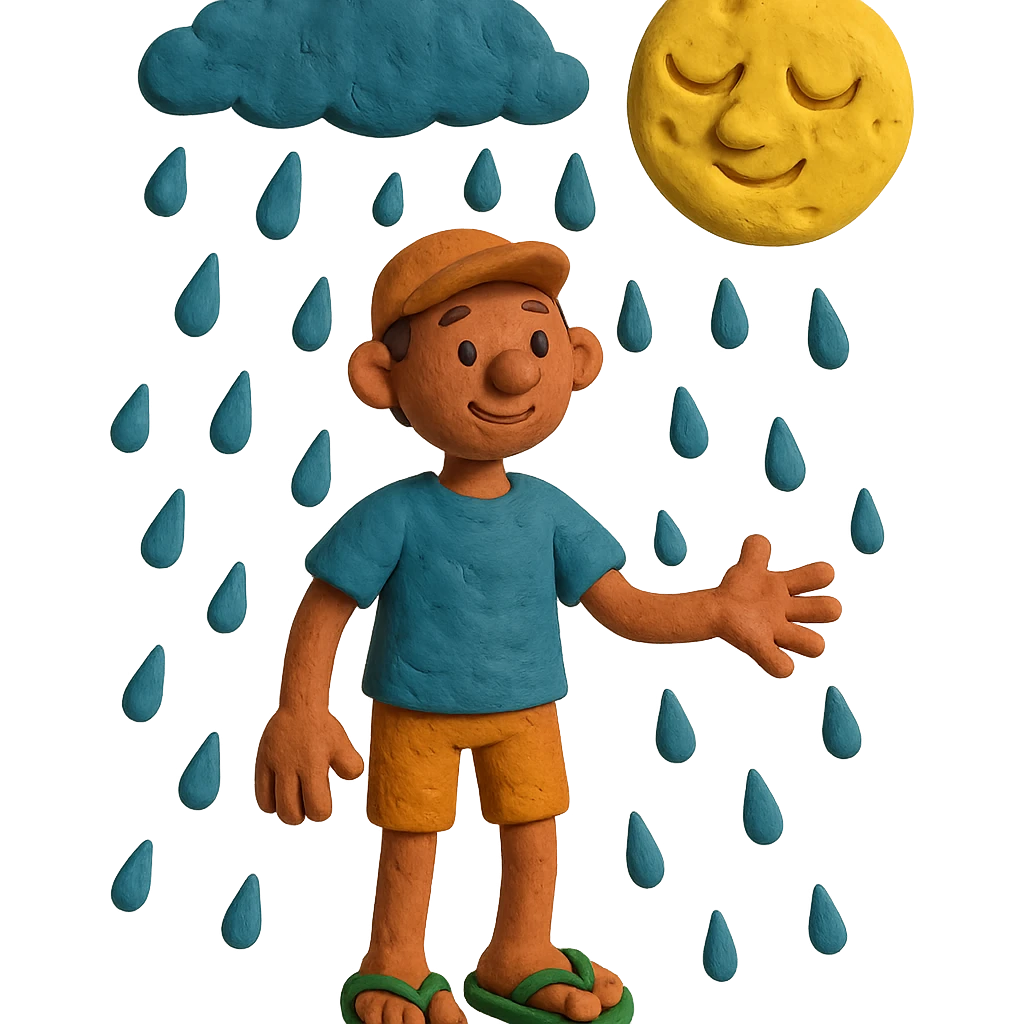 claymation style boneco de chinelos, chuva e lua em massinha emoji